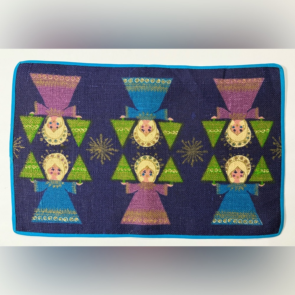 Vintage Danish Christmas Placemats By Inka Print 1970s Blue Purple Green Set(4)